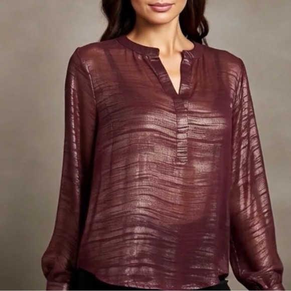 Simply Styled Burgundy Metallic Shimmer Long Sleeve Blouse Split V-Neck Large